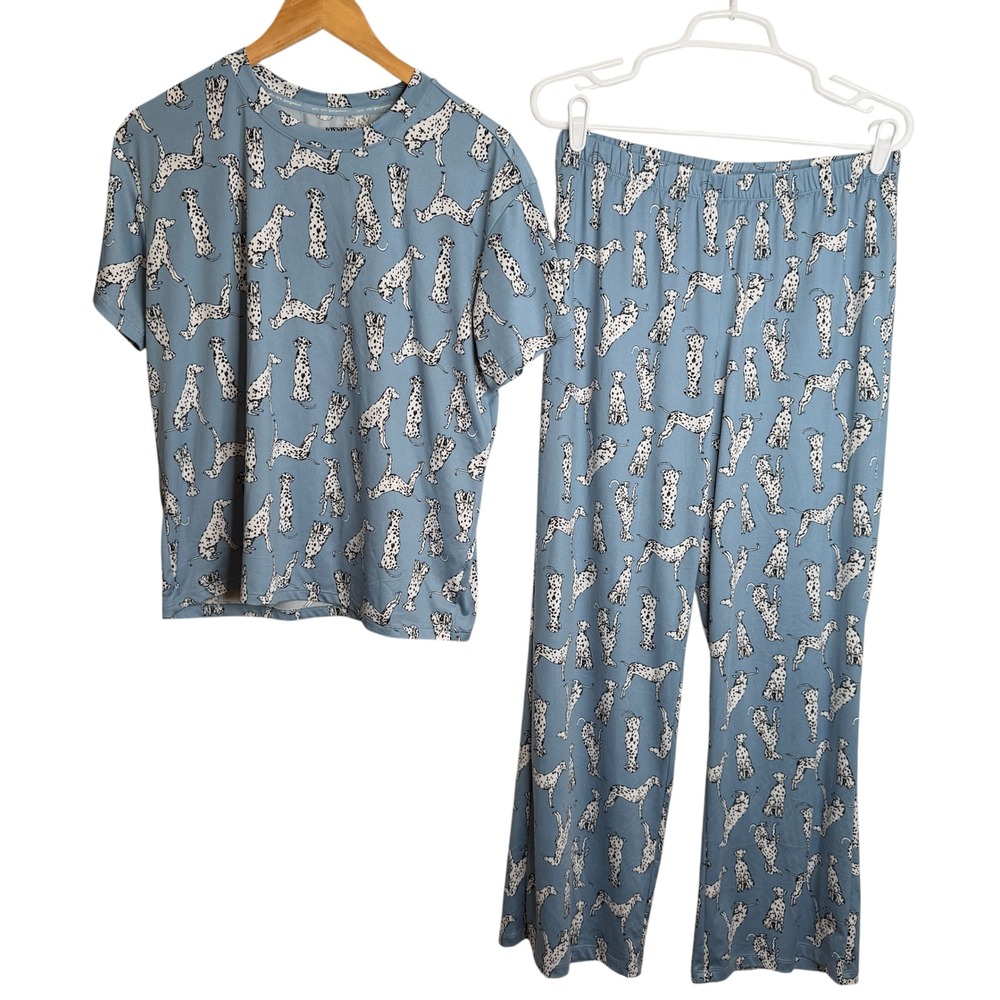 Joyspun Blue Dalmatian Dog Print Pajama Set Dreamy Soft S 4-6 Womens Top Pants - Picture 1 of 7